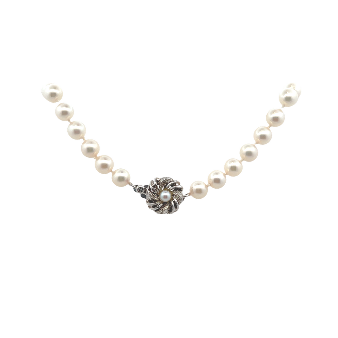 Estate Sterling Silver Pearl Necklace with Flower Clasp, Vintage