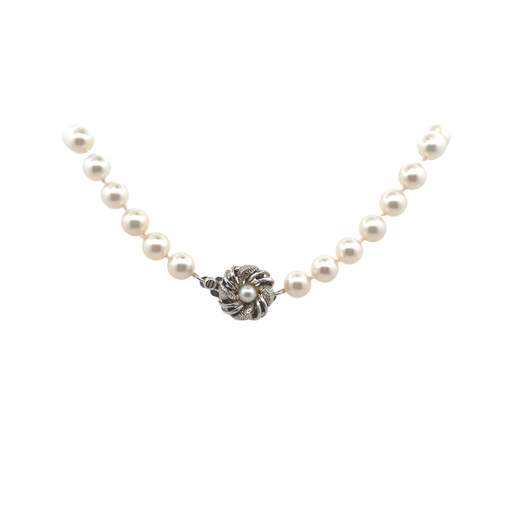 Estate Sterling Silver Pearl Necklace with Flower Clasp, Vintage