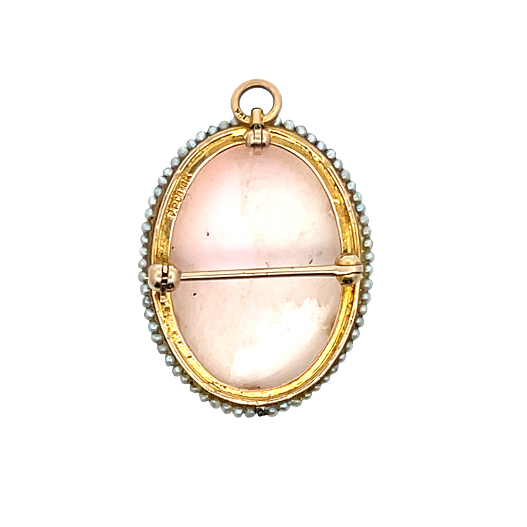 Estate 10KT Yellow Gold Shell & Pearl Cameo Pendant/Brooch, ca. 1930's