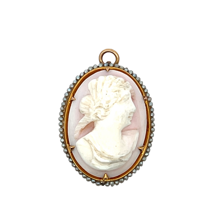 Estate 10KT Yellow Gold Shell & Pearl Cameo Pendant/Brooch, ca. 1930's