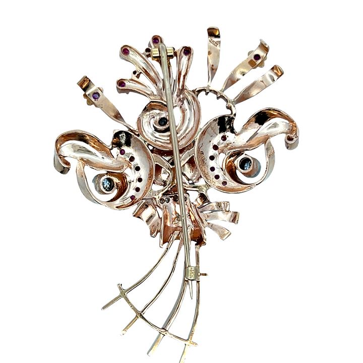 Estate 14KT Rose Gold Diamond & Ruby Floral Bouquet Brooch, ca. 1940's