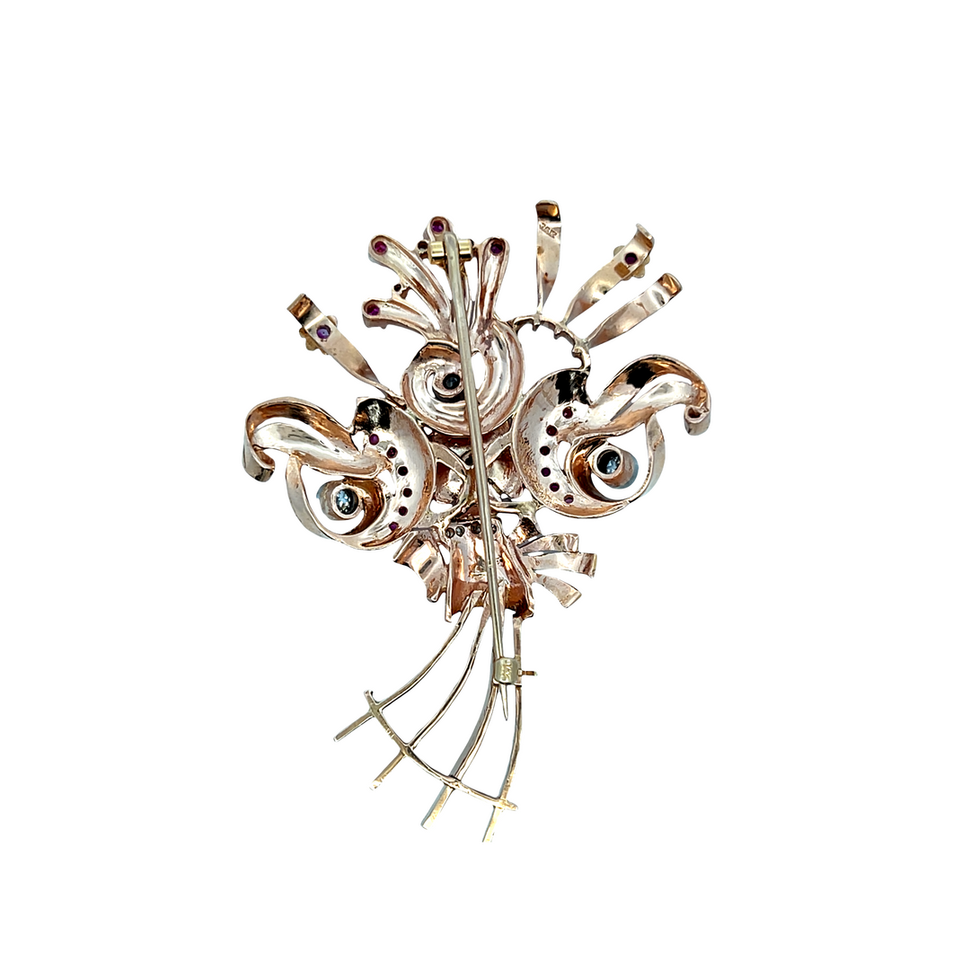 Estate 14K Rose Gold 3.39CTW Diamond & Ruby Vintage Floral Bouquet Brooch