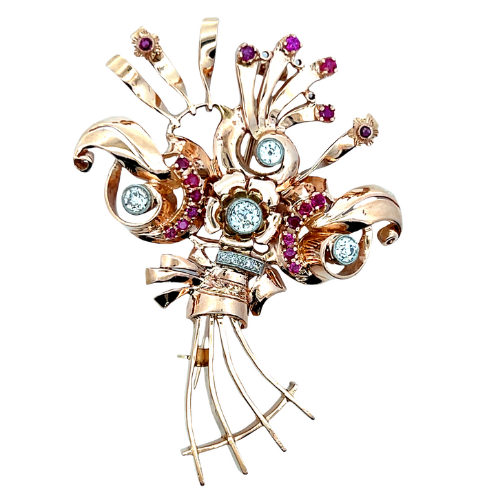 Estate 14KT Rose Gold Diamond & Ruby Floral Bouquet Brooch, ca. 1940's