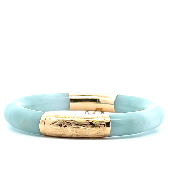 Estate 14KT Yellow Gold Undyed Jadeite Bangle, Vintage