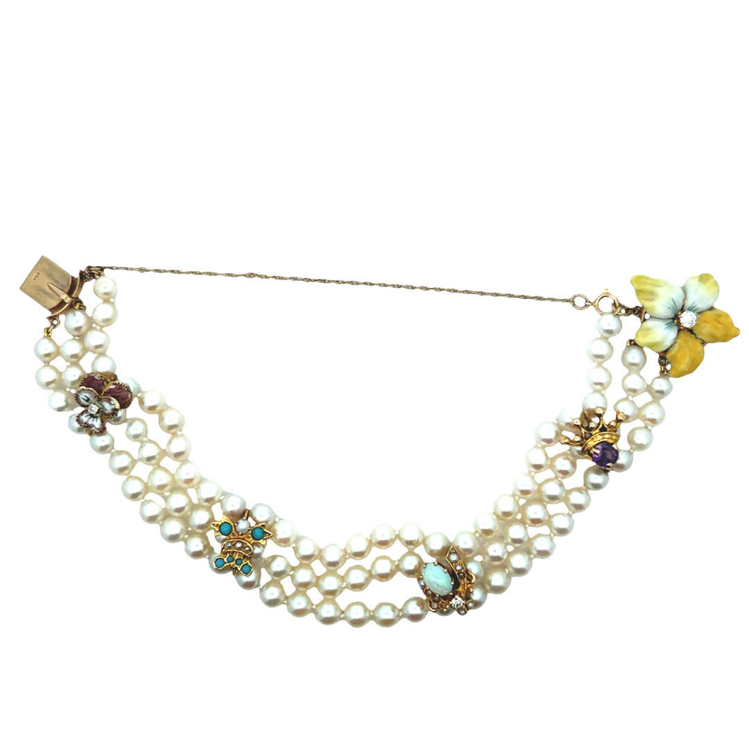 Estate 14KT Yellow Gold Three-Strand Pearl Bracelet with Multi-Stone Charms, Vintage