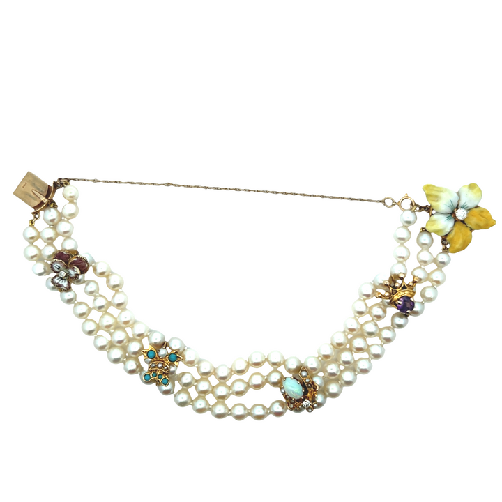 Estate 14KT Yellow Gold Three-Strand Pearl Bracelet with Multi-Stone Charms, Vintage