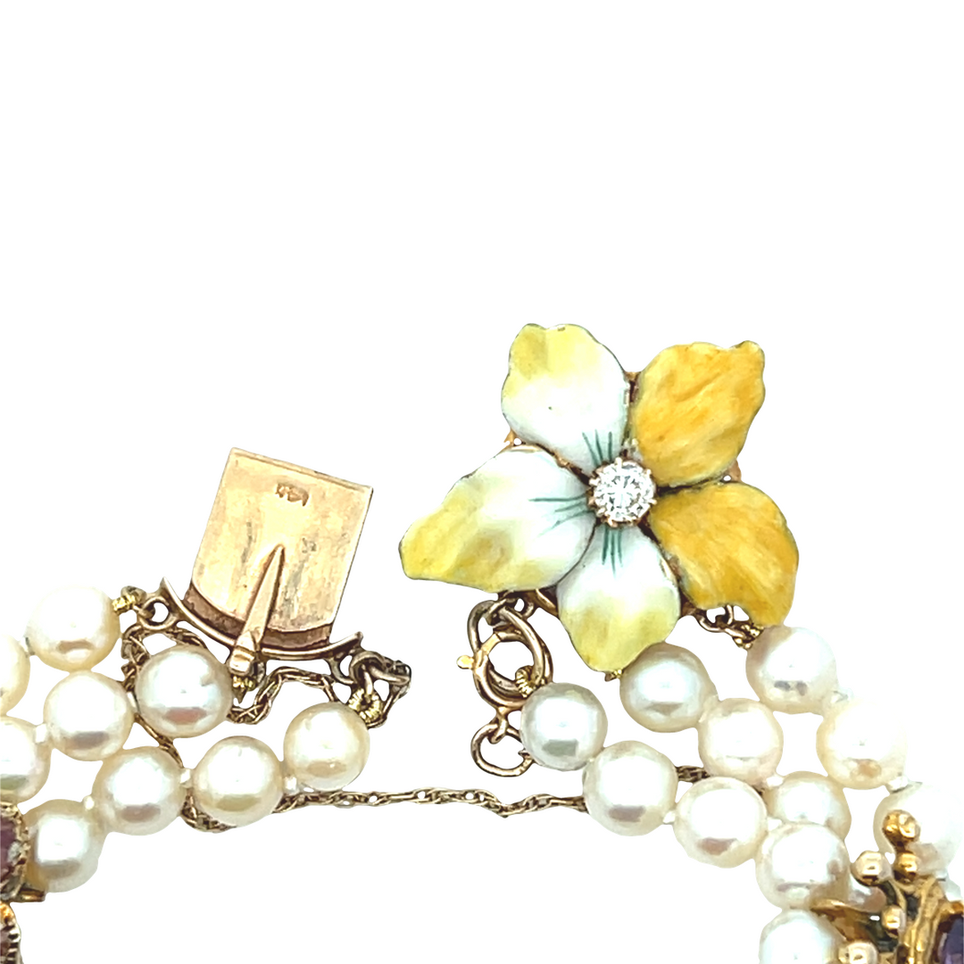 Estate 14KT Yellow Gold Three-Strand Pearl Bracelet with Multi-Stone Charms, Vintage