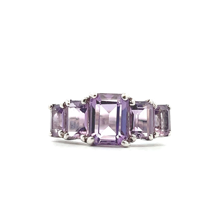 Estate Sterling Silver Rectangular Step Cut Amethyst Five-Stone Ring