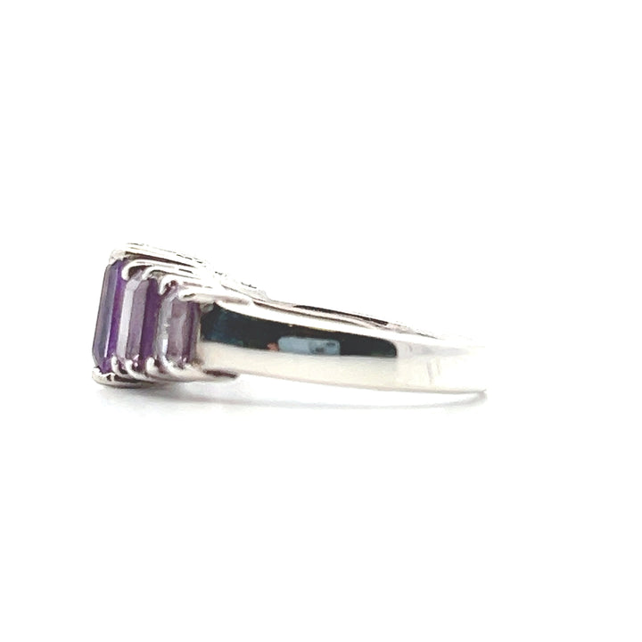 Estate Sterling Silver Rectangular Step Cut Amethyst Five-Stone Ring