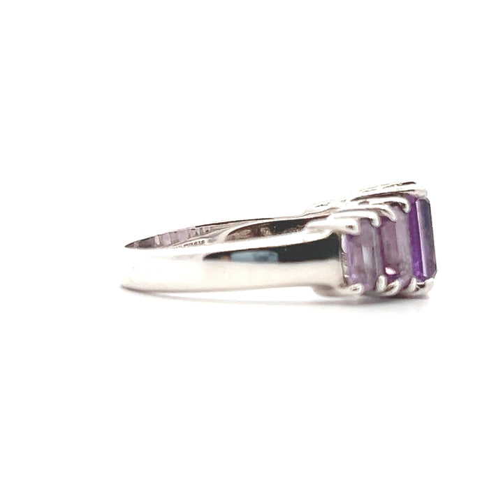 Estate Sterling Silver Rectangular Step Cut Amethyst Five-Stone Ring