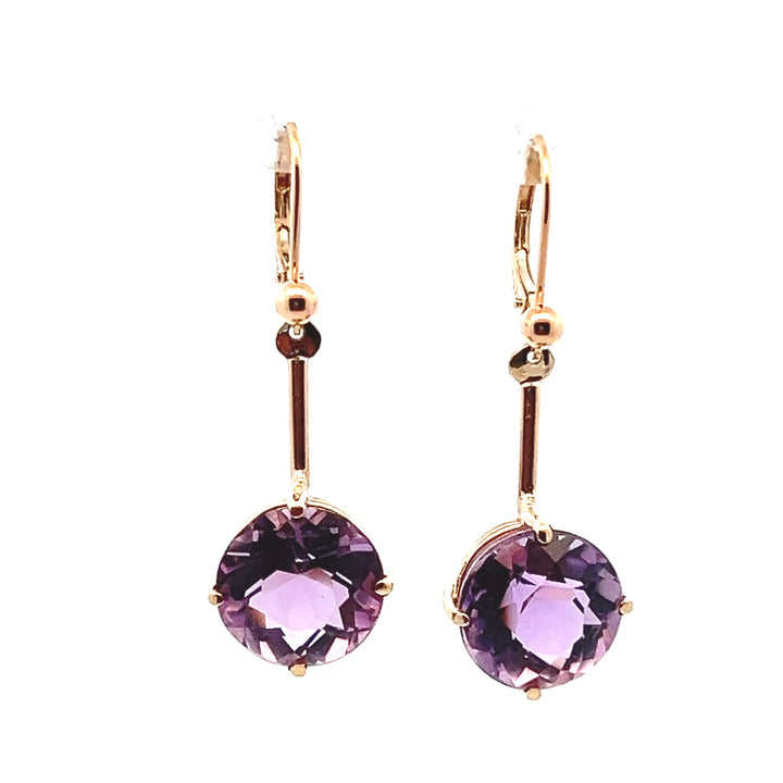 Estate 14KT Yellow Gold Round Amethyst Bar Dangle Earrings, Vintage