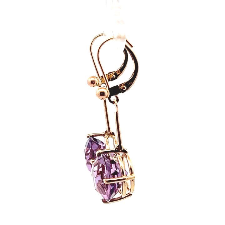 Estate 14KT Yellow Gold Round Amethyst Bar Dangle Earrings, Vintage