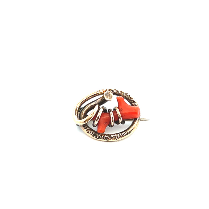 Estate 10KT Yellow Gold Coral Branch Good Luck Pin, ca. 1860's