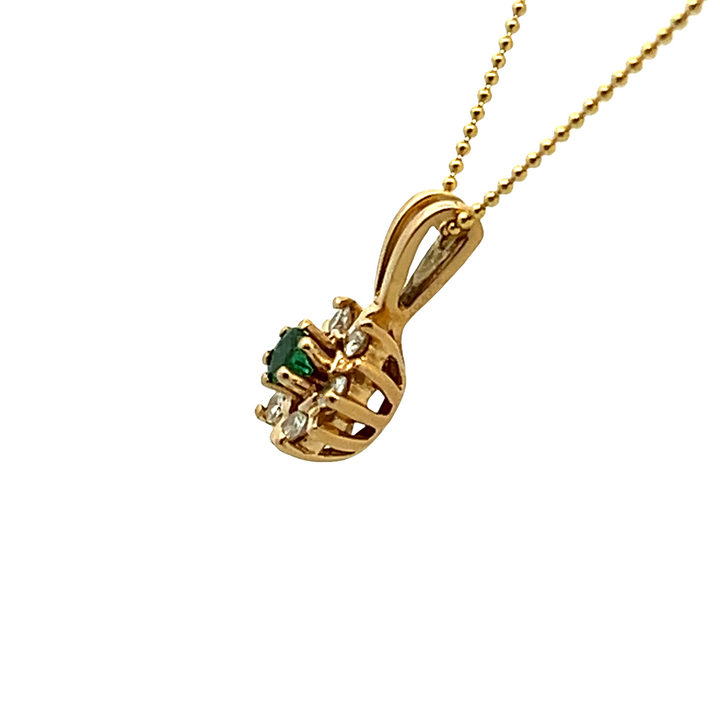 Estate 14KT Yellow Gold Round Emerald & Diamond Cluster Pendant, ca. 1990's