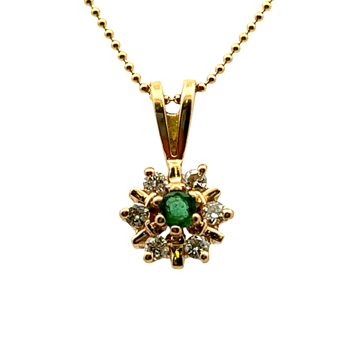 Estate 14KT Yellow Gold Round Emerald & Diamond Cluster Pendant, ca. 1990's