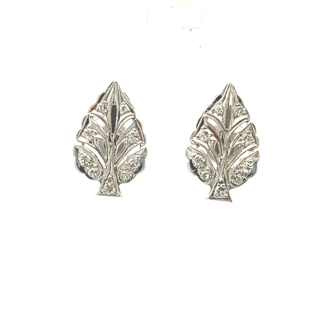 Estate 14KT White Gold Diamond Leaf Studs