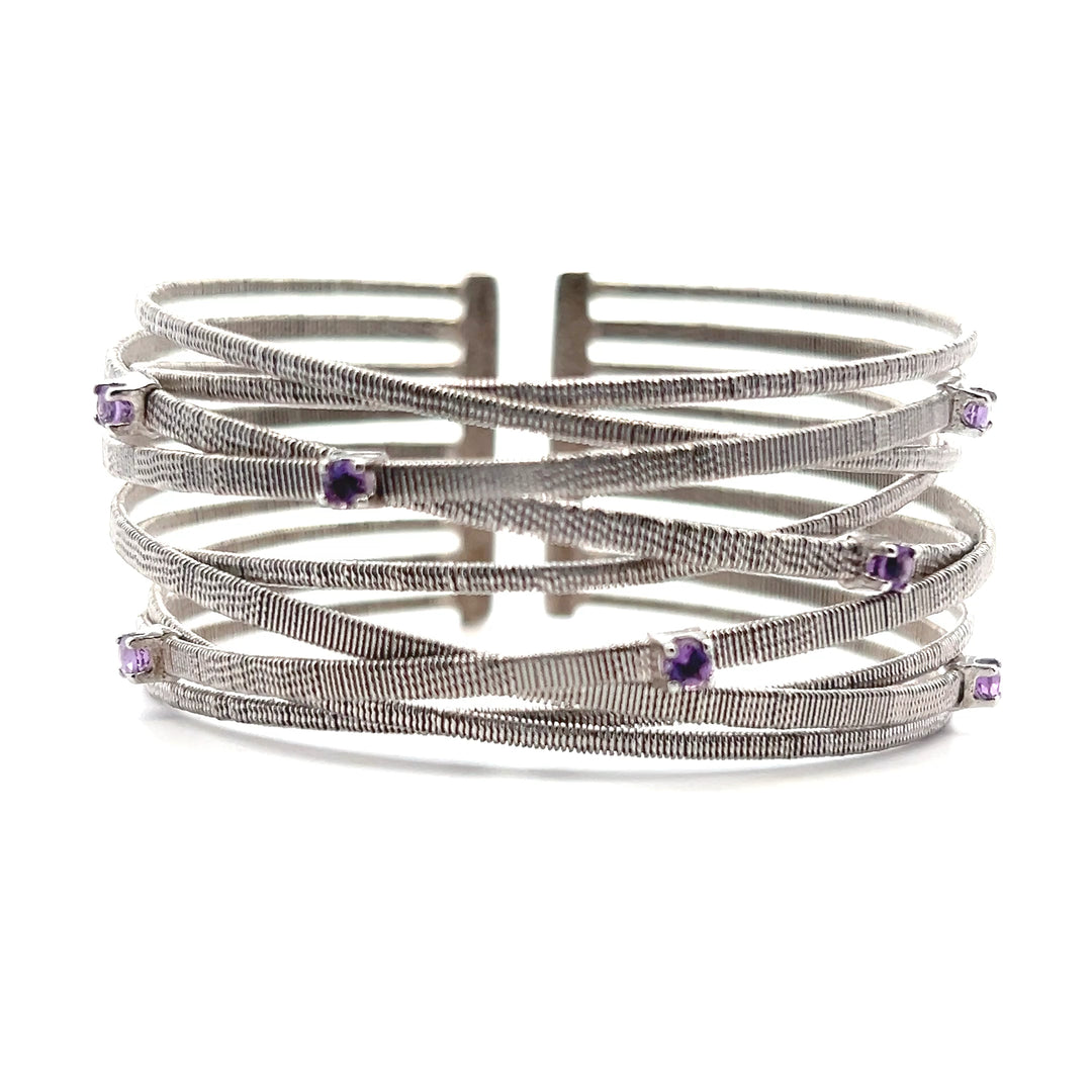 Estate Sterling Silver Round Amethyst Multi-Wire Cuff, Vintage