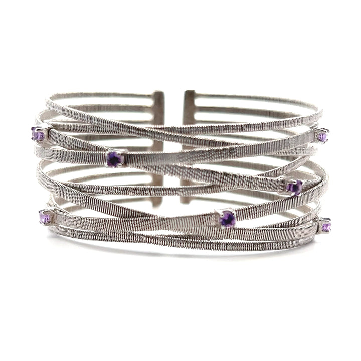 Estate Sterling Silver Round Amethyst Multi-Wire Cuff, Vintage