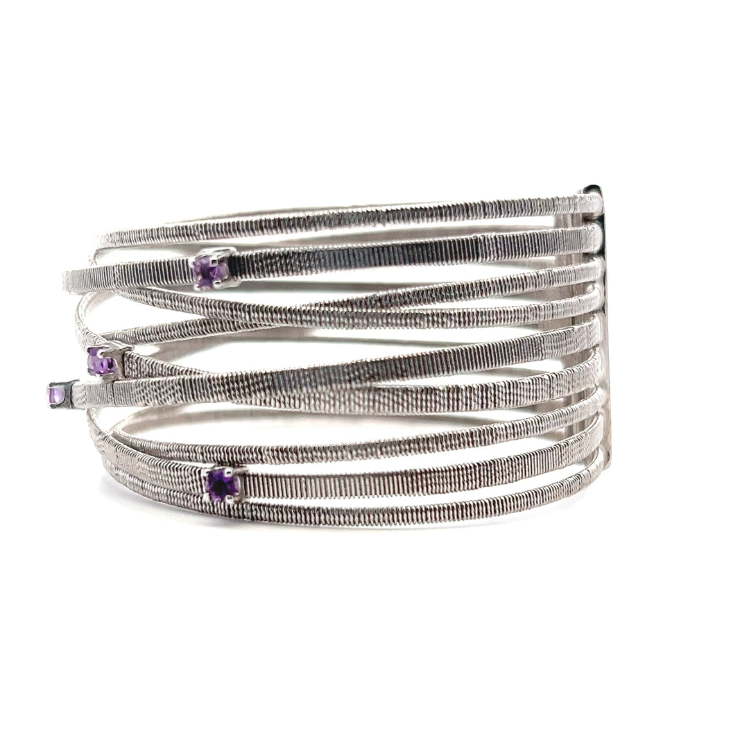 Estate Sterling Silver Round Amethyst Multi-Wire Cuff, Vintage