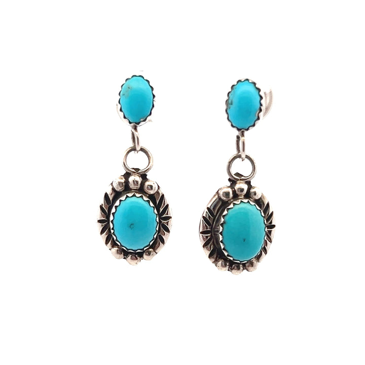 Estate Sterling Silver Oval Turquoise Drop Studs, Vintage