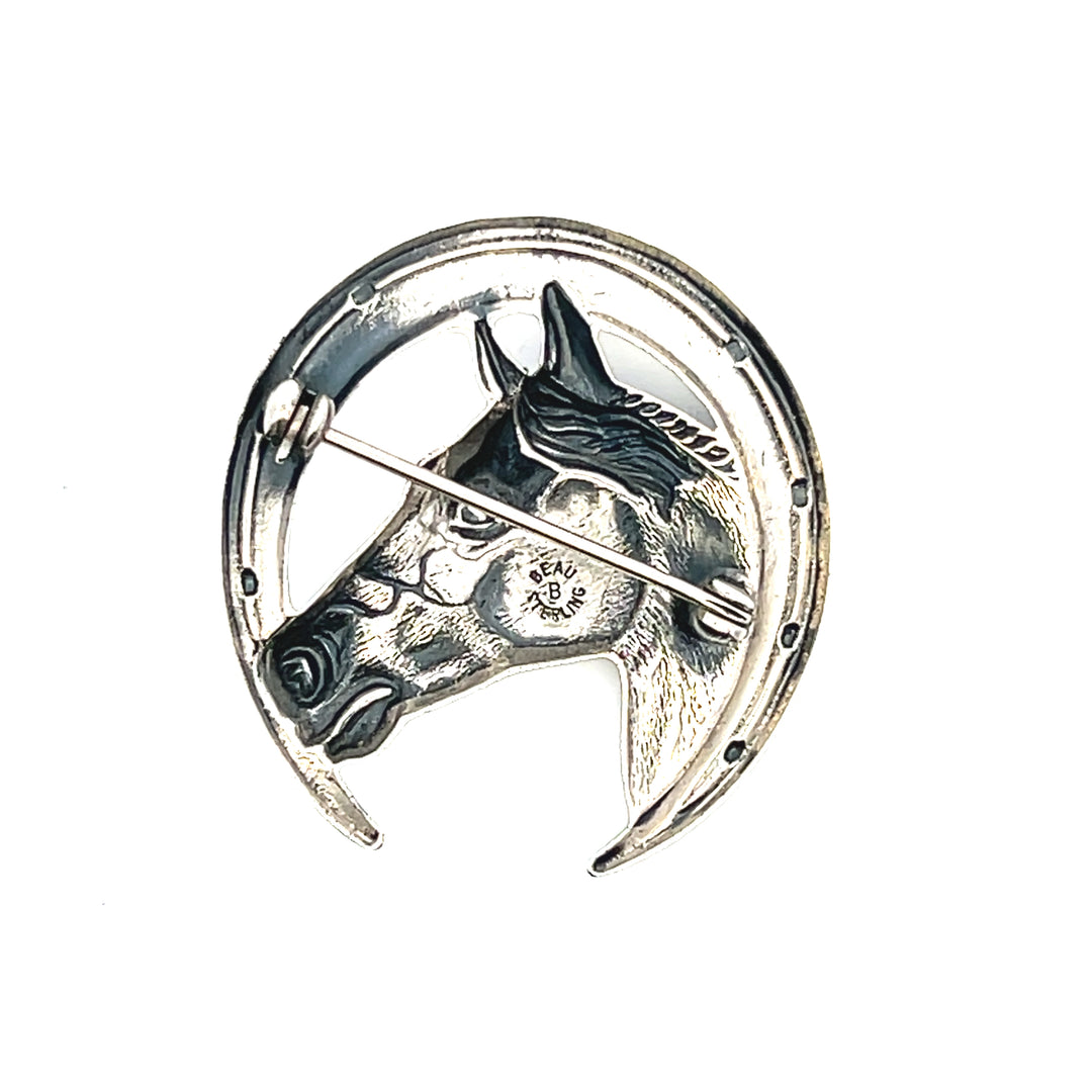 Estate Sterling Silver Crescent Horseshoe Pin with Horse Motif