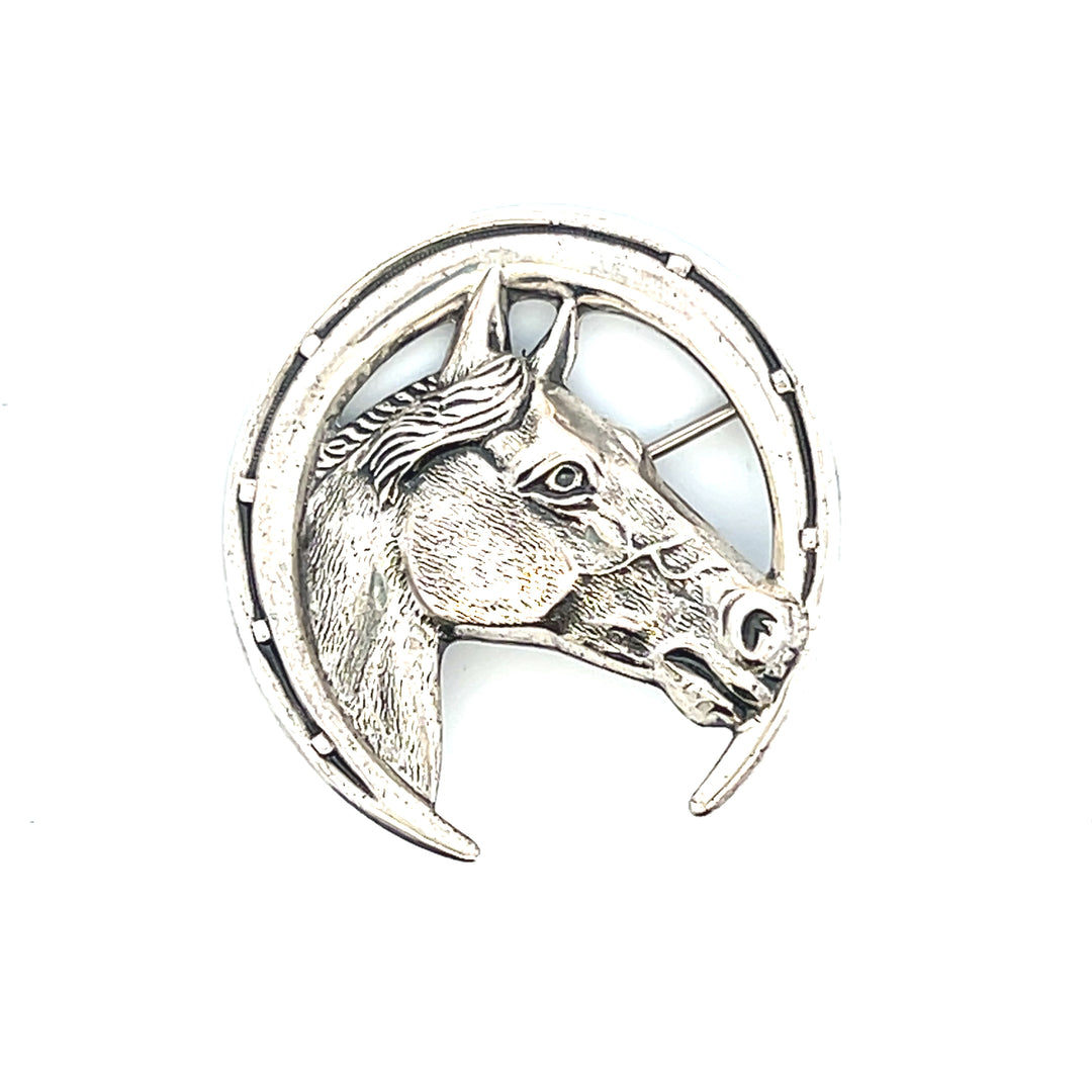 Estate Sterling Silver Crescent Horseshoe Pin with Horse Motif