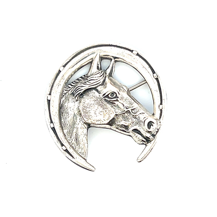 Estate Sterling Silver Crescent Horseshoe Pin with Horse Motif