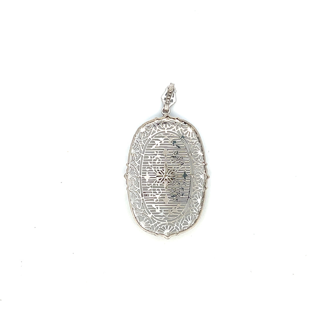 Estate 14KT White Gold Old European Cut Diamond Filigree Pendant, Art Deco