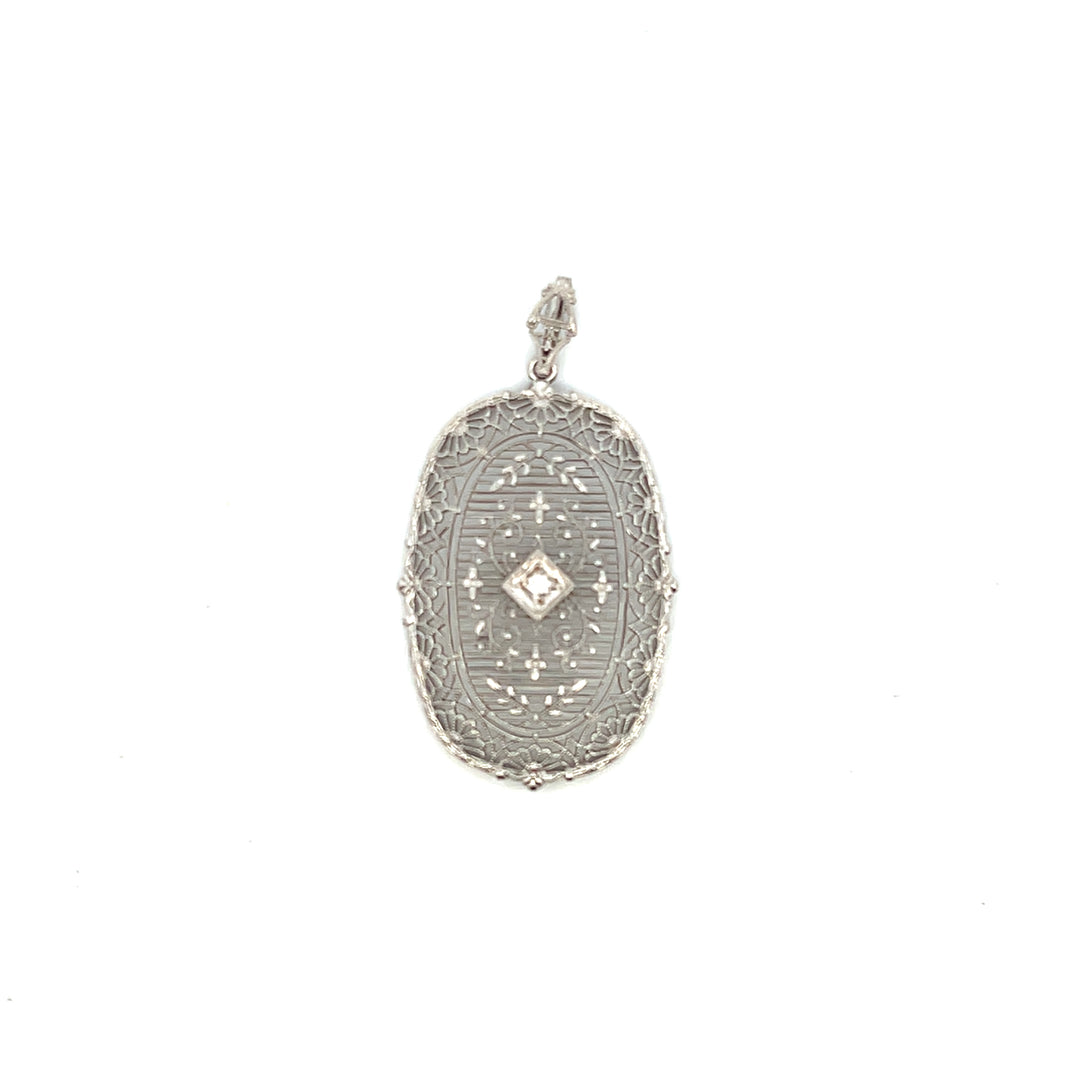 Estate 14KT White Gold Old European Cut Diamond Filigree Pendant, Art Deco