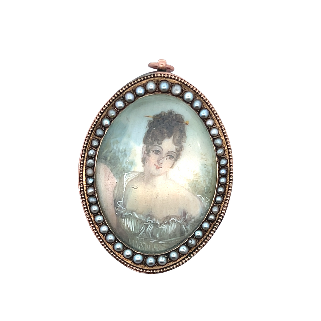 Estate 9KT Rose Gold Portrait & Pearl Framed Brooch, Edwardian