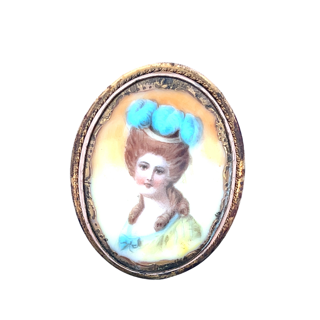 Estate Yellow Base Metal Oval Portrait Pin, Victorian