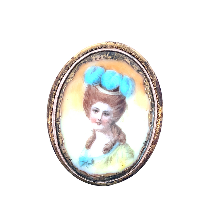 Estate Yellow Base Metal Oval Portrait Pin, Victorian