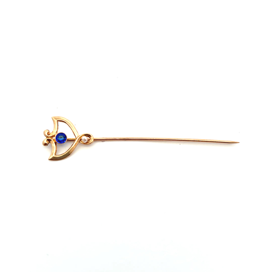 Estate 14KT Yellow Gold Glass & Pearl Stick Pin, ca. 1905