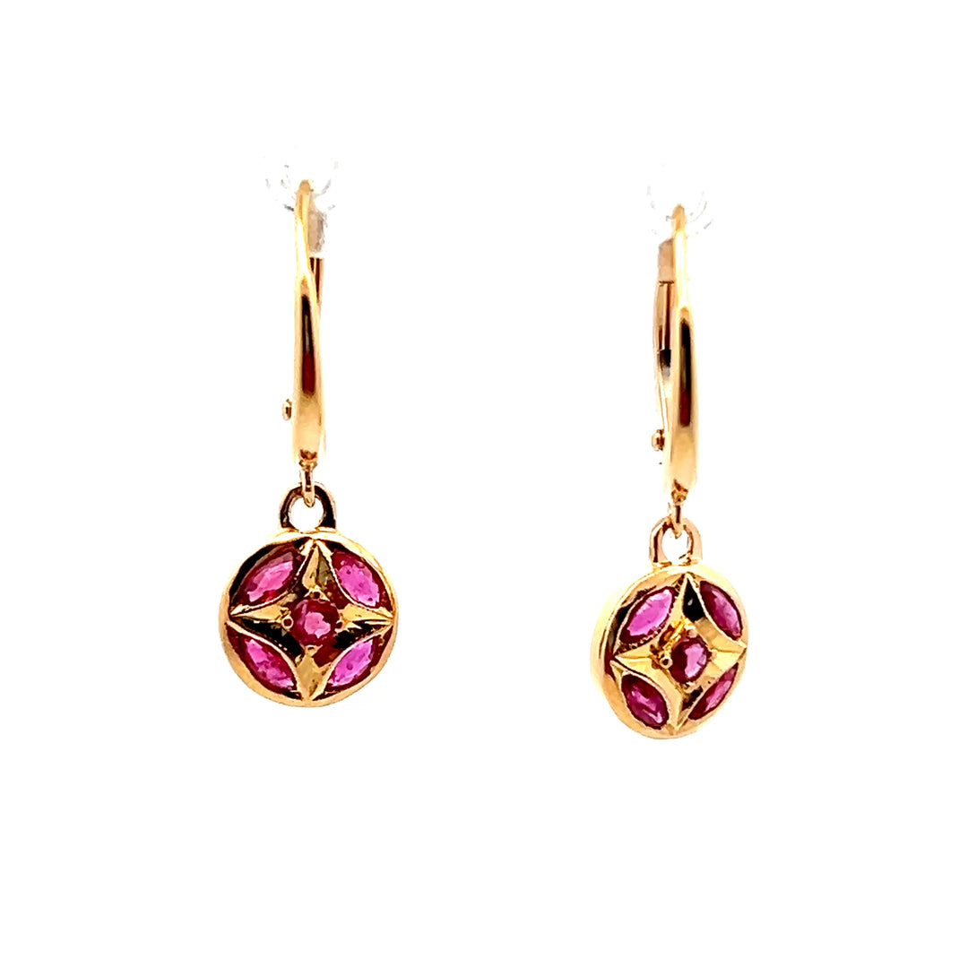 Estate 18KT & 22KT Yellow Gold Ruby Dangle Earrings, ca. 1970's