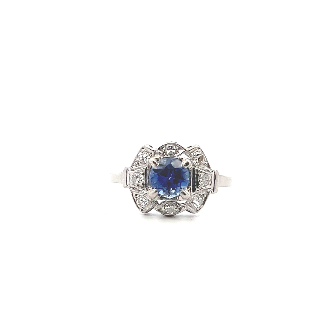 Estate Platinum Sapphire & Old Single Cut Diamond Ring, Art Deco