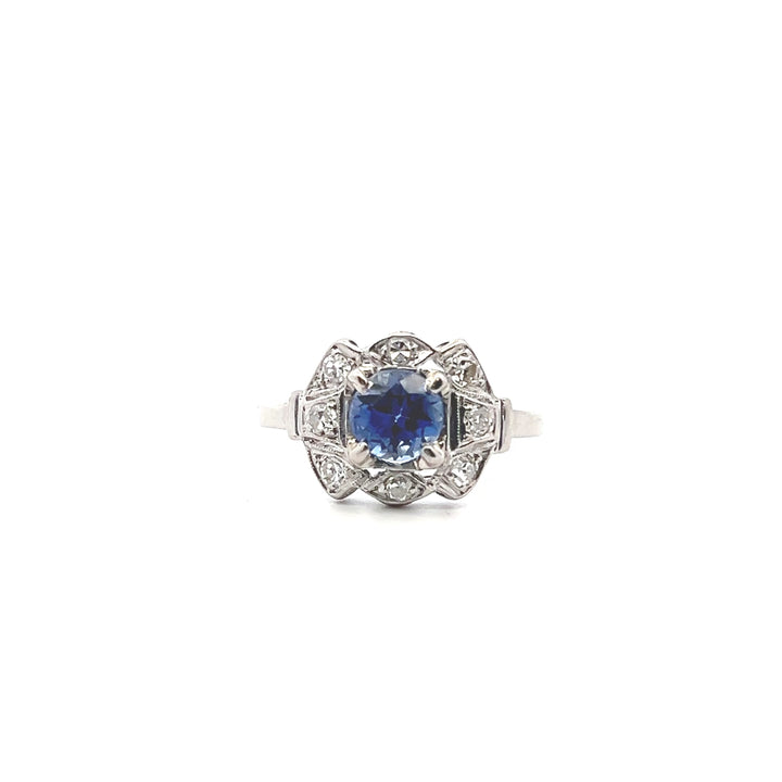 Estate Platinum Sapphire & Old Single Cut Diamond Ring, Art Deco
