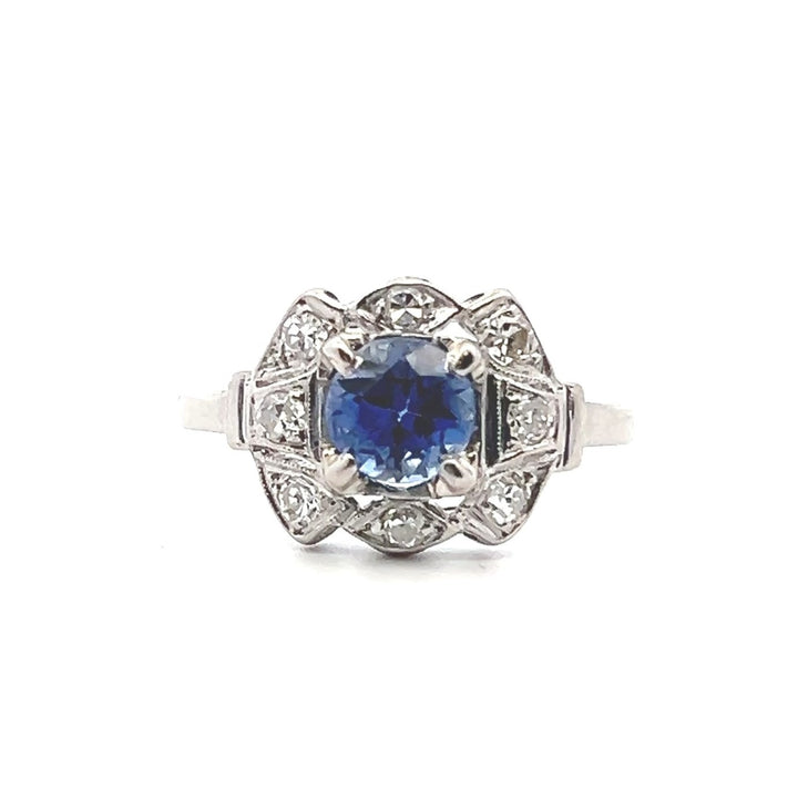 Estate Platinum 1.24CTW Blue Sapphire & Old Single Cut Diamond Art Deco Ring