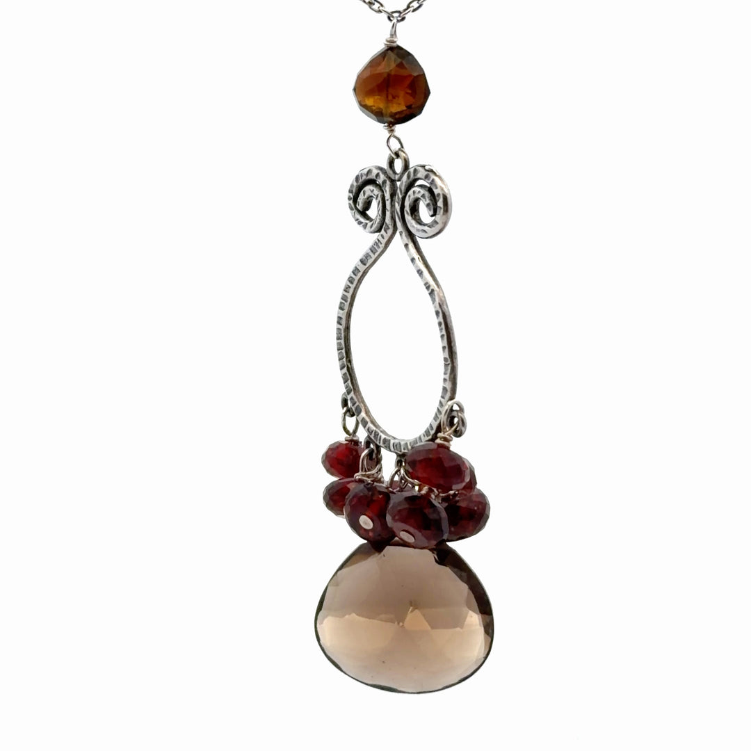 Estate Sterling Silver Smoky Quartz and Garnet Pendant Necklace