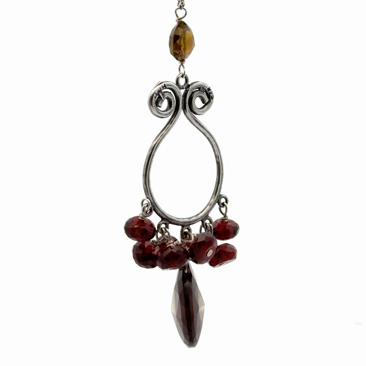 Estate Sterling Silver Smoky Quartz and Garnet Pendant Necklace