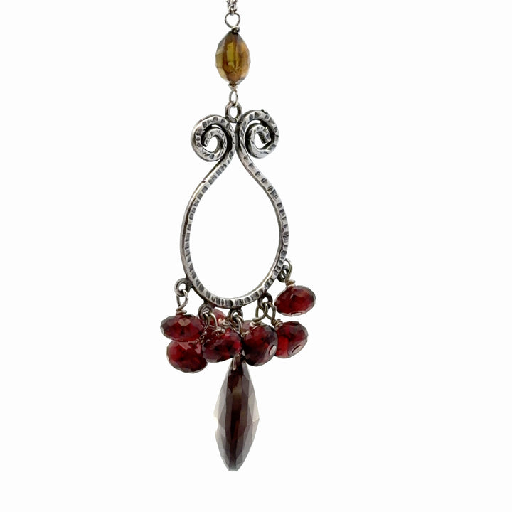 Estate Sterling Silver Smoky Quartz and Garnet Pendant Necklace