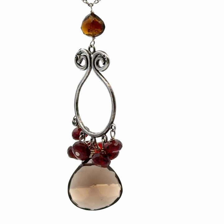 Estate Sterling Silver Smoky Quartz and Garnet Pendant Necklace