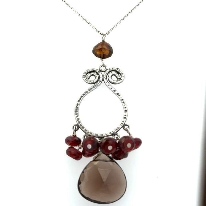 Estate Sterling Silver Smoky Quartz and Garnet Pendant Necklace