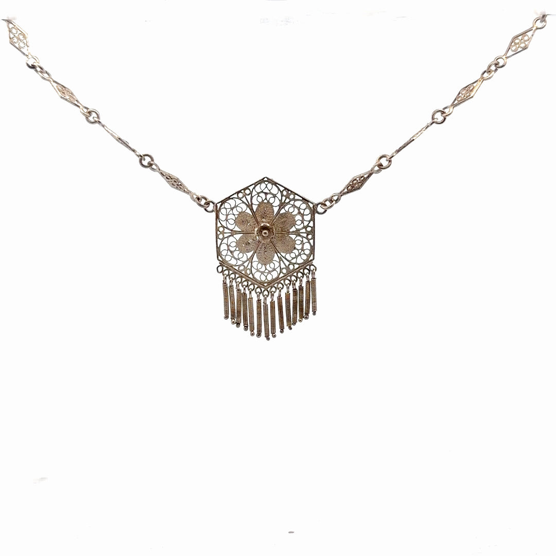 Estate Sterling Silver Hexagon Floral Filigree Necklace