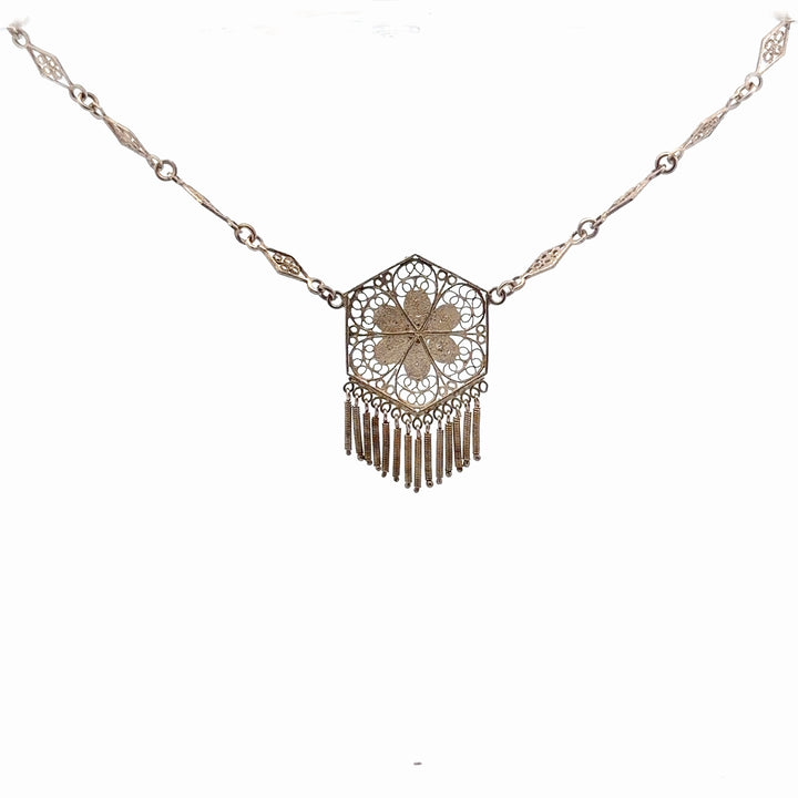 Estate Sterling Silver Hexagon Floral Filigree Necklace
