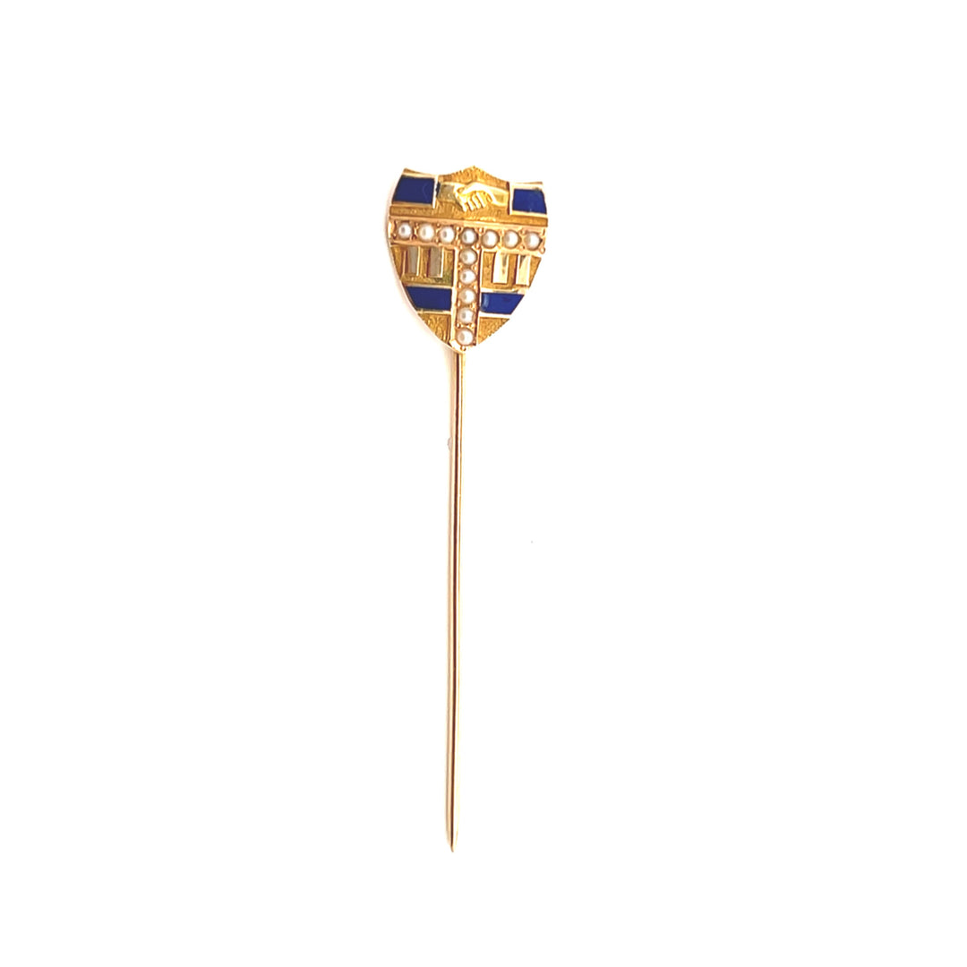 Estate 14K Yellow Gold Antique Edwardian Seed Pearl & Enamel Stick Pin