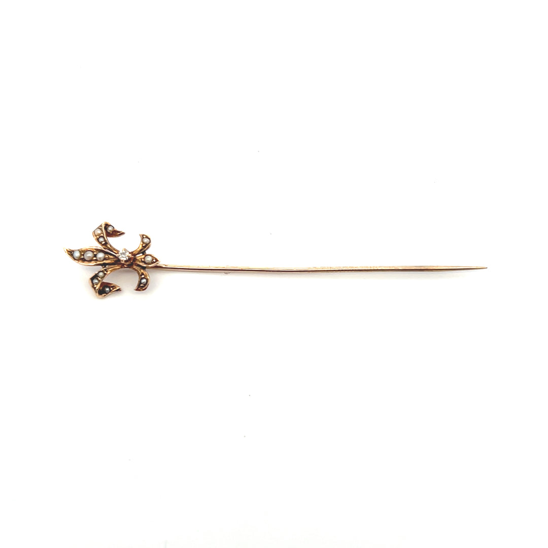 Estate 10KT Yellow Gold Diamond & Pearl Fleur de Lis Pin, ca. 1900