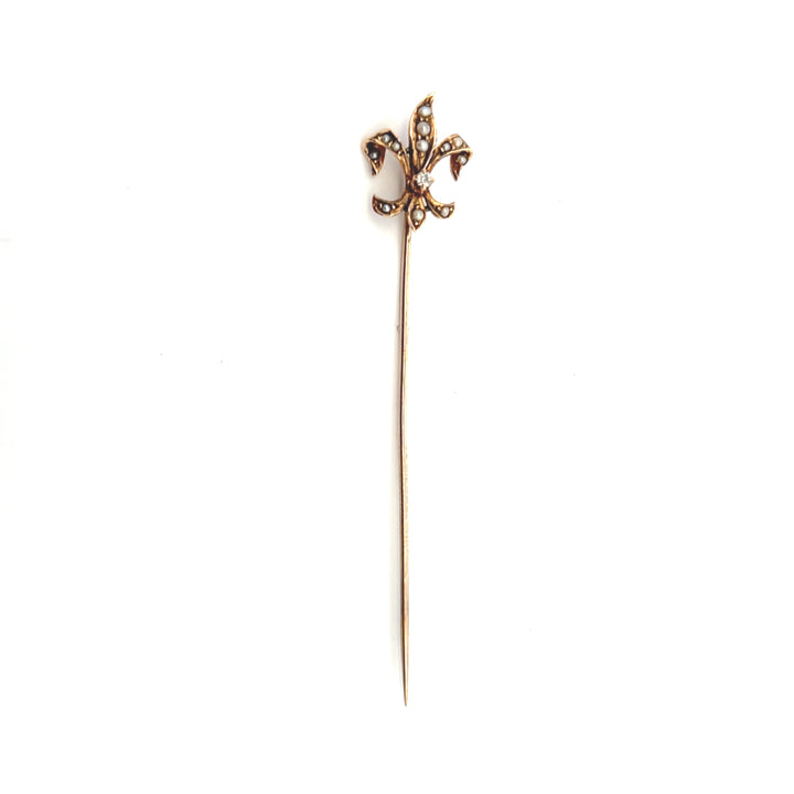 Estate 10K Yellow Gold Antique Diamond & Pearl Fleur de Lis Stick Pin