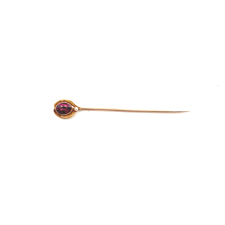 Estate 14KT Yellow Gold Rhodolite Garnet & Pearl Pin, Victorian