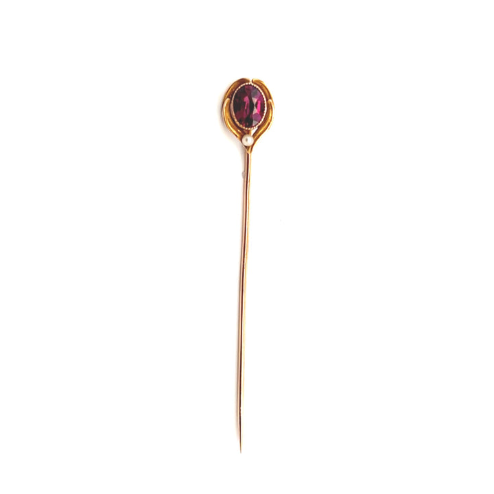 Estate 14K Yellow Gold Rhodolite Garnet & Pearl Antique Stick Pin