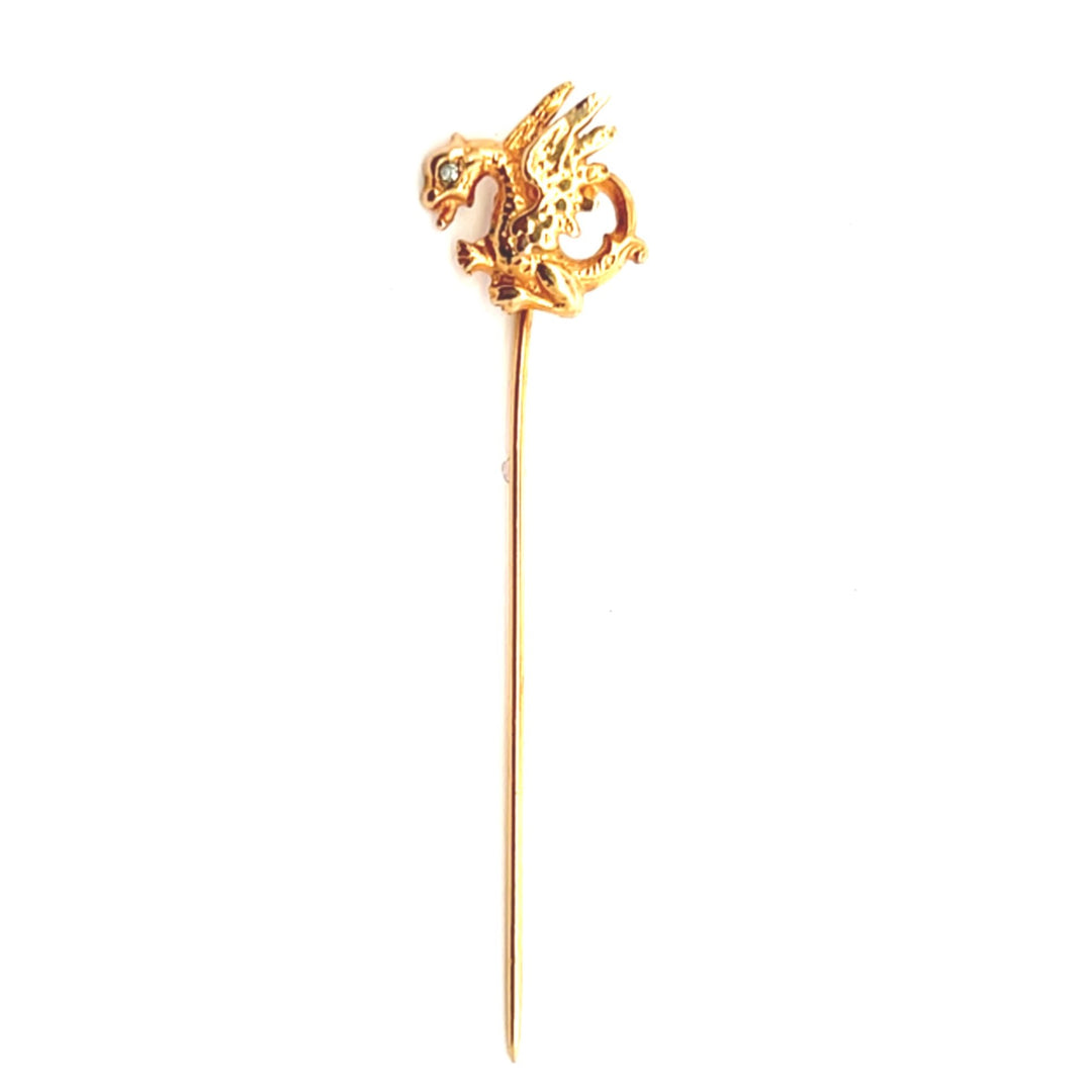 Estate 14K Yellow Gold 0.01CTW Diamond Vintage Dragon Stick Pin